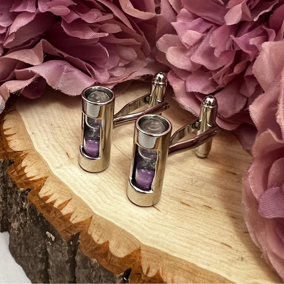 Unique Silver Cylinder Purple Sand Hourglass Cufflinks - Picture 8 of 17